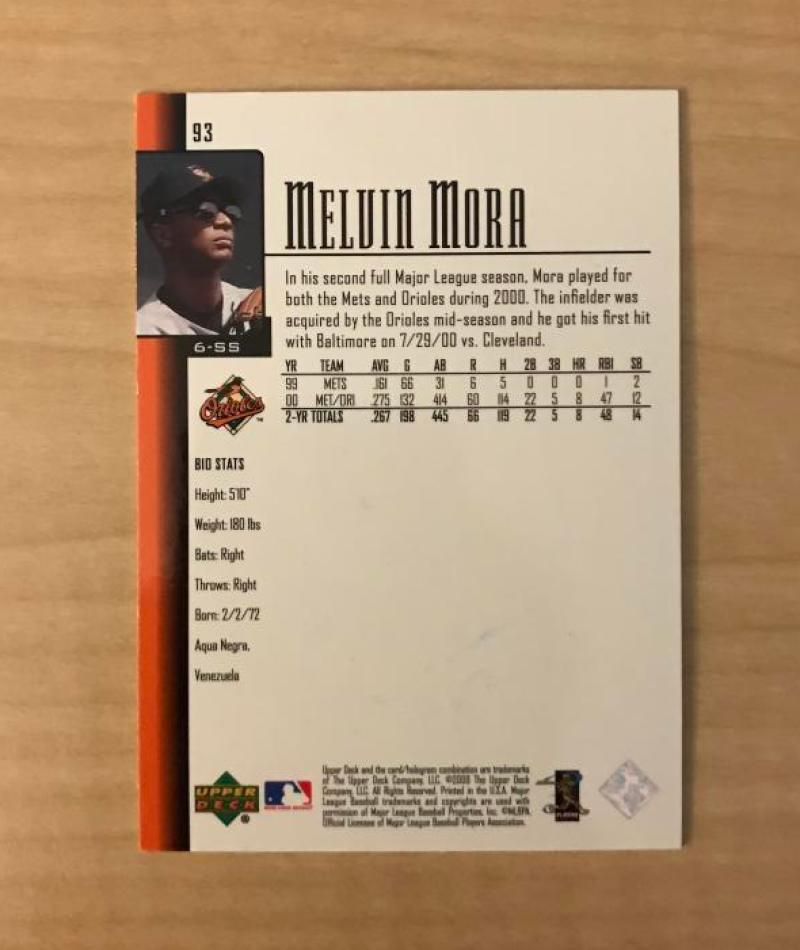 MELVIN MORA BALTIMORE ORIOLES SIGNED AUTOGRAPHED 2001 UPPER DECK CARD #93 W/COA