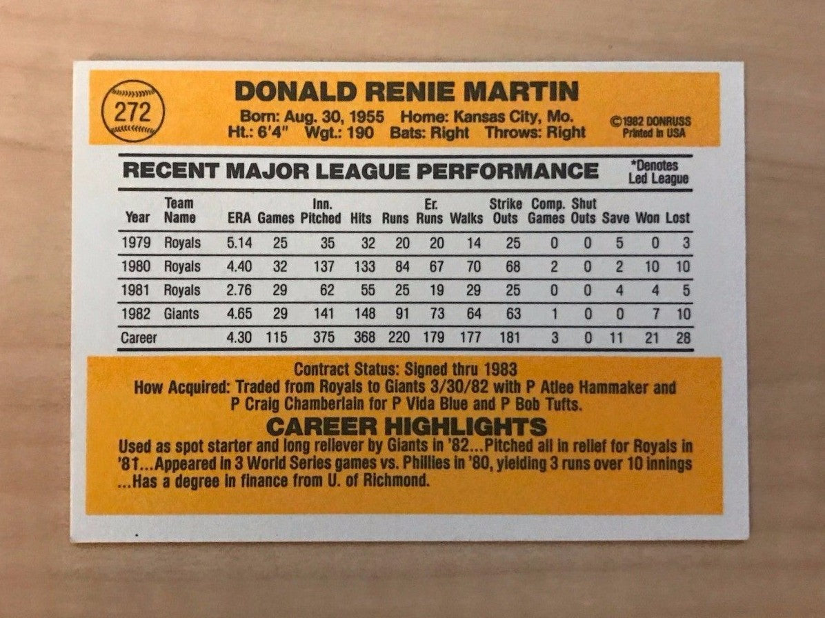 RENIE MARTIN SAN FRANCISCO GIANTS SIGNED AUTOGRAPHED 1983 DONRUSS #272 W/COA