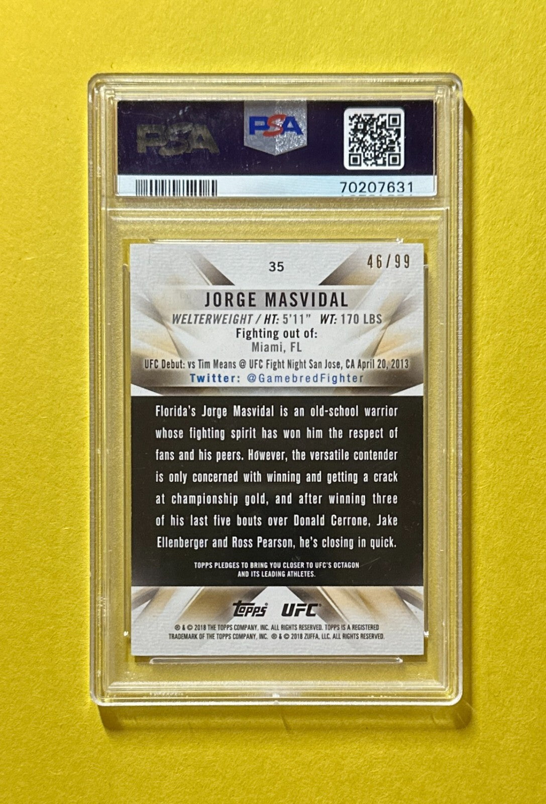 2018 TOPPS UFC KNOCKOUT JORGE MASVIDAL BLUE /99 #35 PSA MINT 9