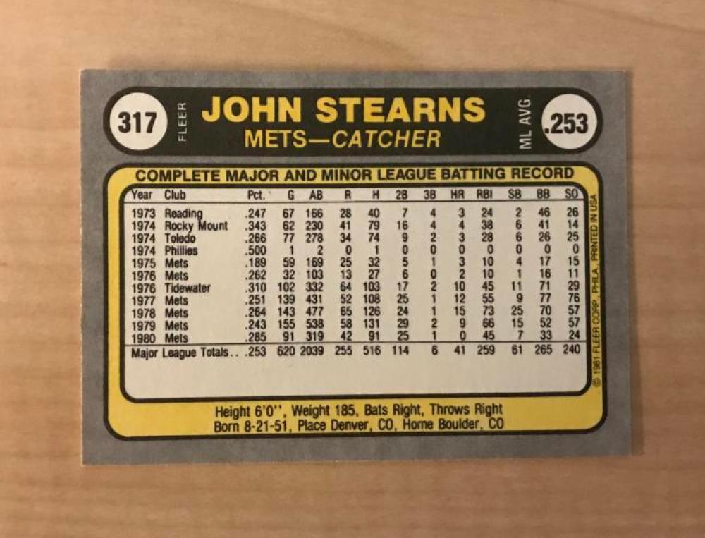 JOHN STEARNS NEW YORK METS SIGNED AUTOGRAPHED 1981 FLEER CARD #317 W/COA