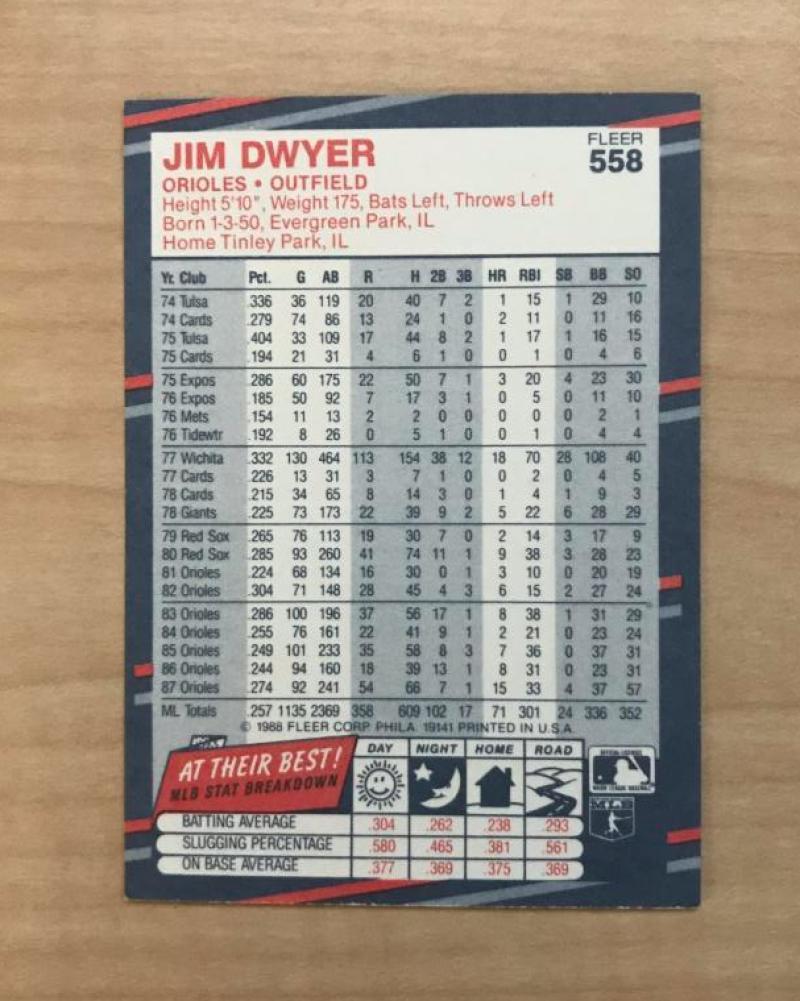 JIM DWYER BALTIMORE ORIOLES SIGNED AUTOGRAPHED 1988 FLEER CARD #558 W/COA