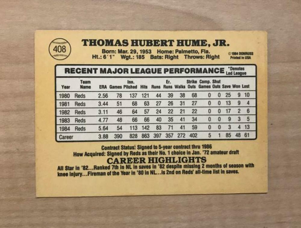 TOM HUME CINCINNATI REDS SIGNED AUTOGRAPHED 1985 DONRUSS CARD #408 W/COA