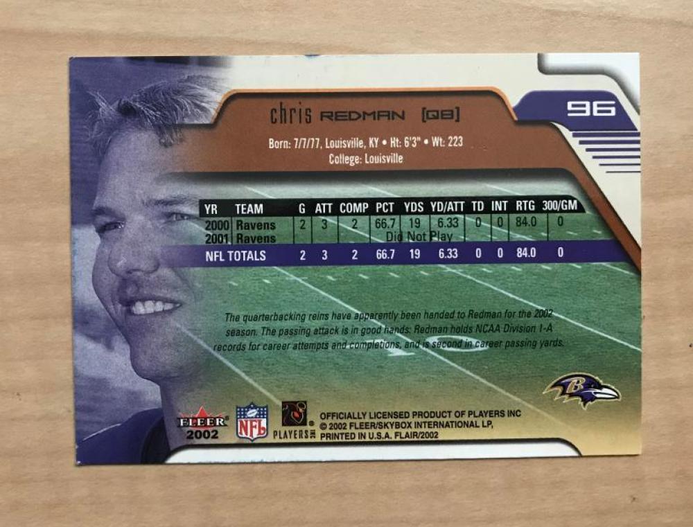 CHRIS REDMAN BALTIMORE RAVENS SIGNED AUTOGRAPHED 2002 FLEER FLAIR CARD #96 W/COA