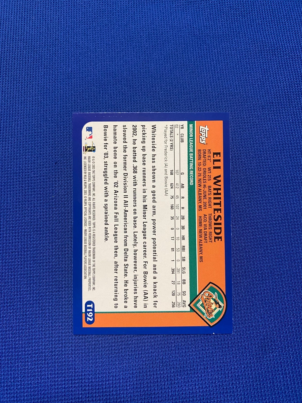 2003 TOPPS TRADED ELI WHITESIDE 1ST YEAR ORIOLES SIGNED AUTOGRAPHED CARD #T192
