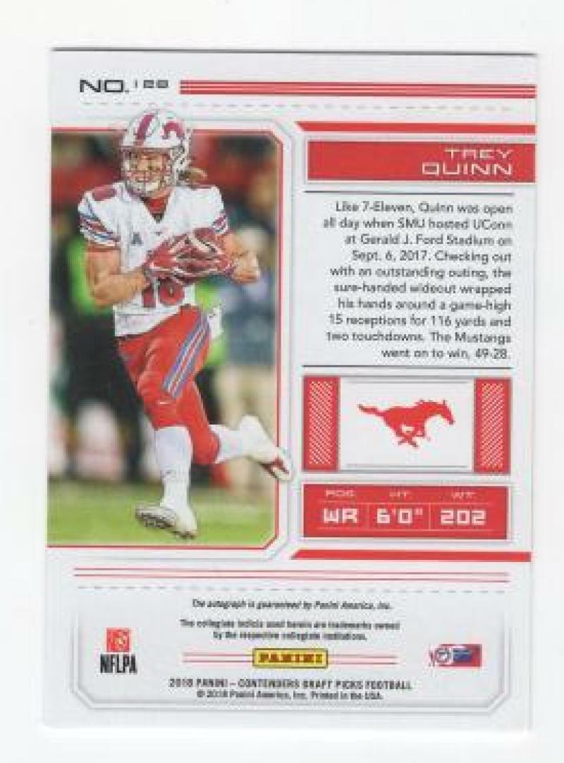 2018 PANINI CONTENDERS DRAFT PICK TREY QUINN SMU COLLEGE TICKET AUTO