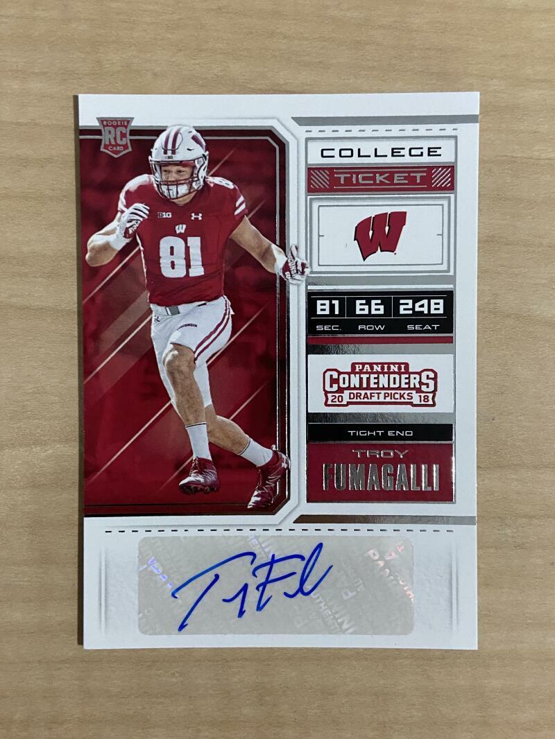 TROY FUMAGALLI WISCONSIN SIGNED AUTOGRAPHED 2018 CONTENDERS RC CARD #168 