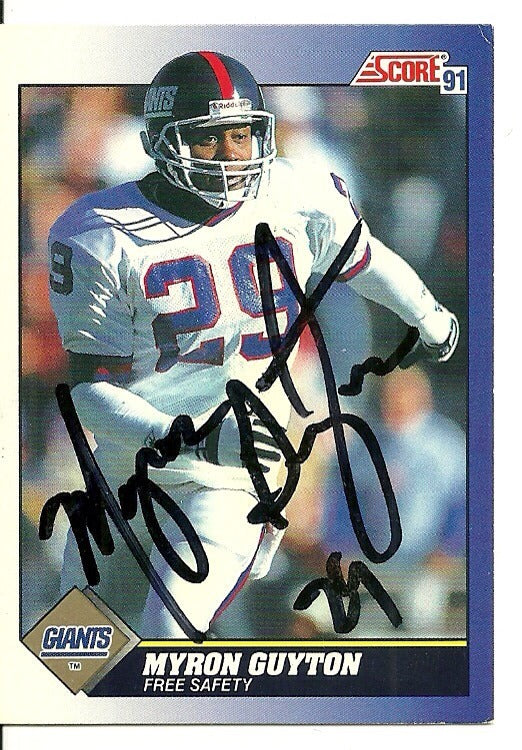 MYRON GUYTON NEW YORK GIANTS SIGNED AUTOGRAPHED 1991 SCORE CARD #101 W/COA