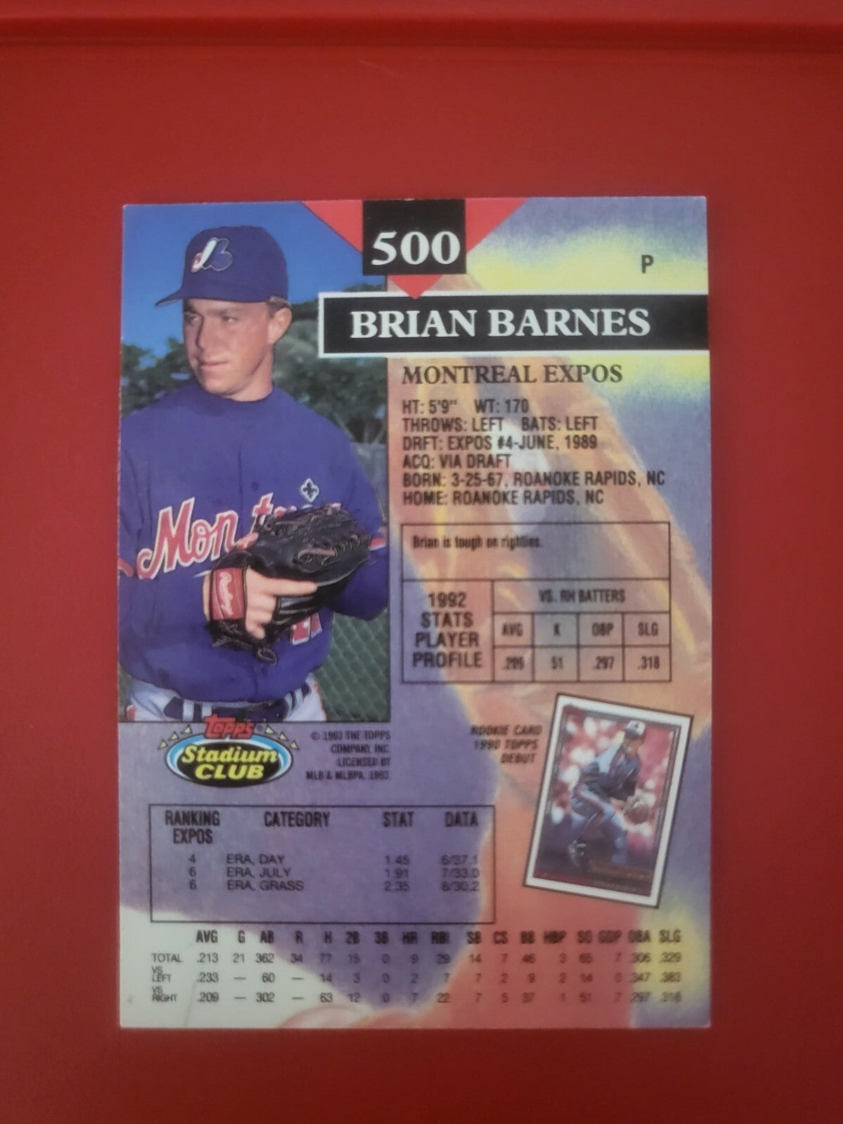 1993 STADIUM CLUB BRIAN BARNES MONTREAL EXPOS SIGNED AUTOGRAPHED CARD #500 W/COA