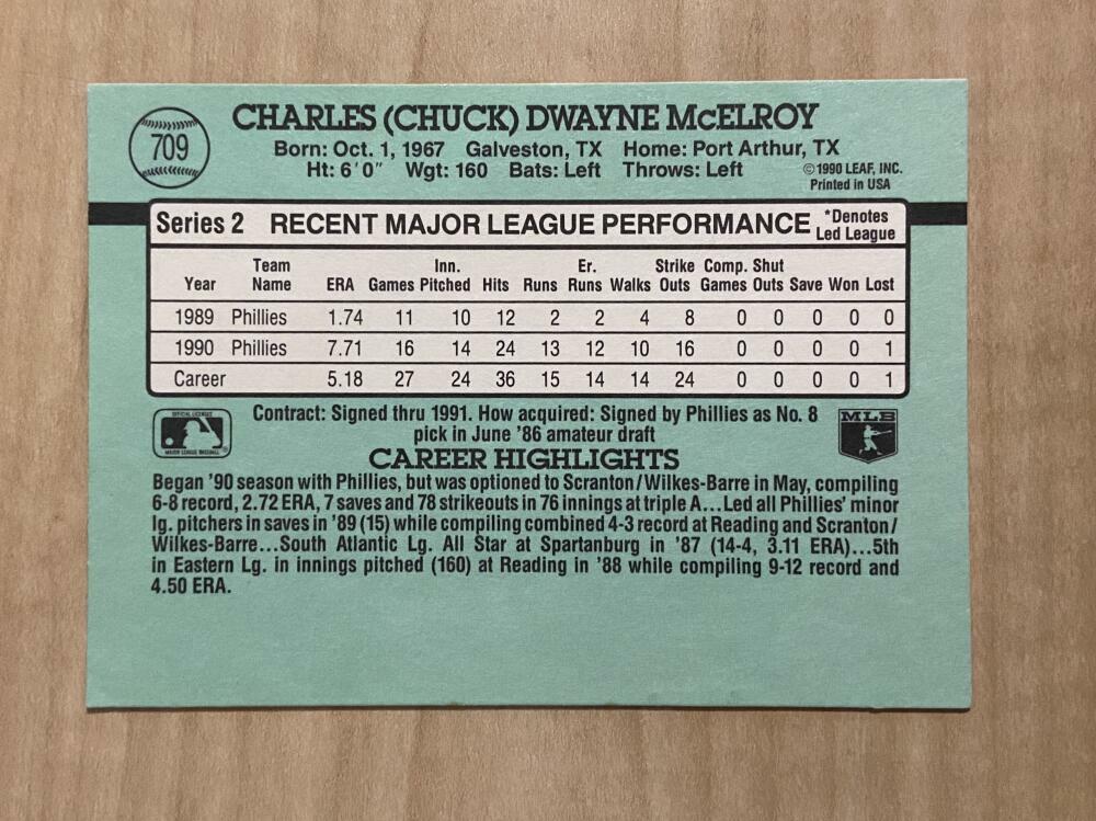 CHUCK MCELROY PHILADELPHIA PHILLIES SIGNED 1991 DONRUSS SERIES 2 CARD #709 W/COA