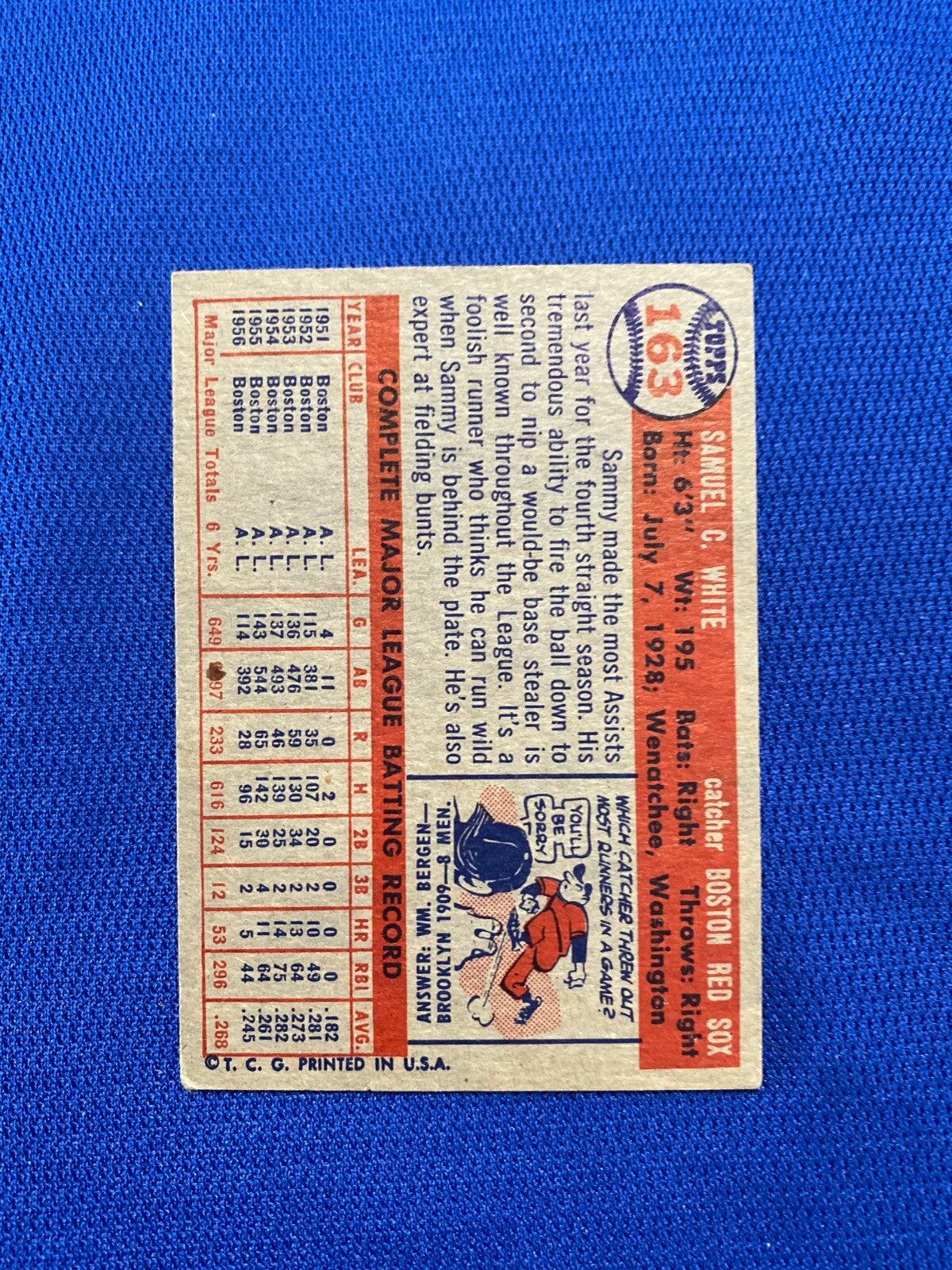 1957 TOPPS SAMMY WHITE BOSTON RED SOX #163 CARD VINTAGE SET-BREAK
