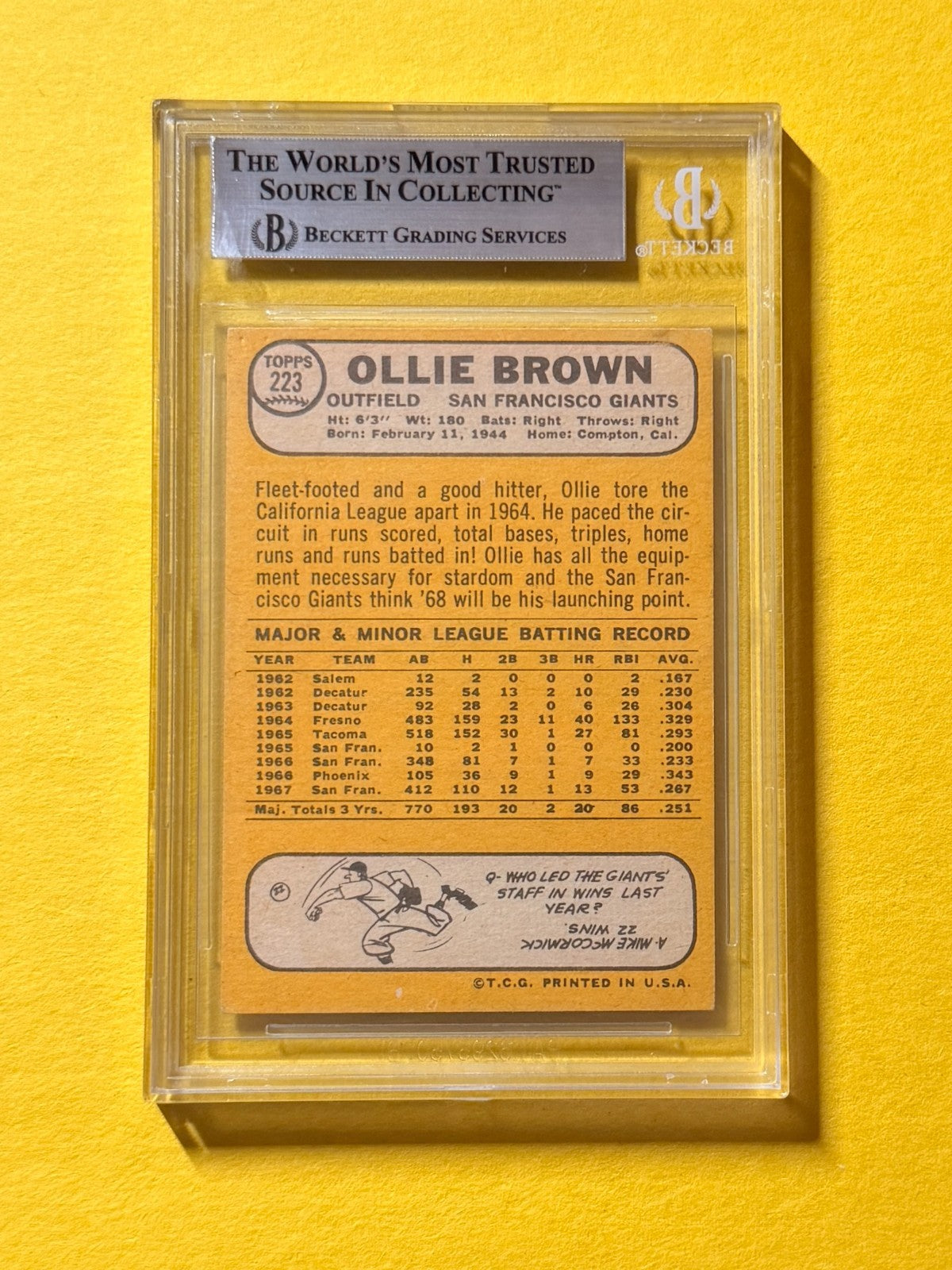 1966 TOPPS OLLIE BROWN #223 SIGNED AUTO CARD BECKETT AUTHENTIC GIANTS