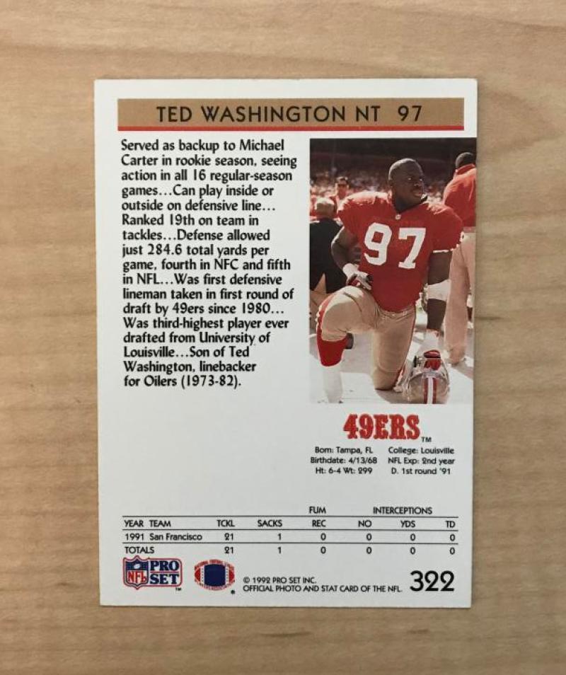 TED WASHINGTON SAN FRANCISCO 49ERS SIGNED 1992 PRO SET CARD #322 W/COA