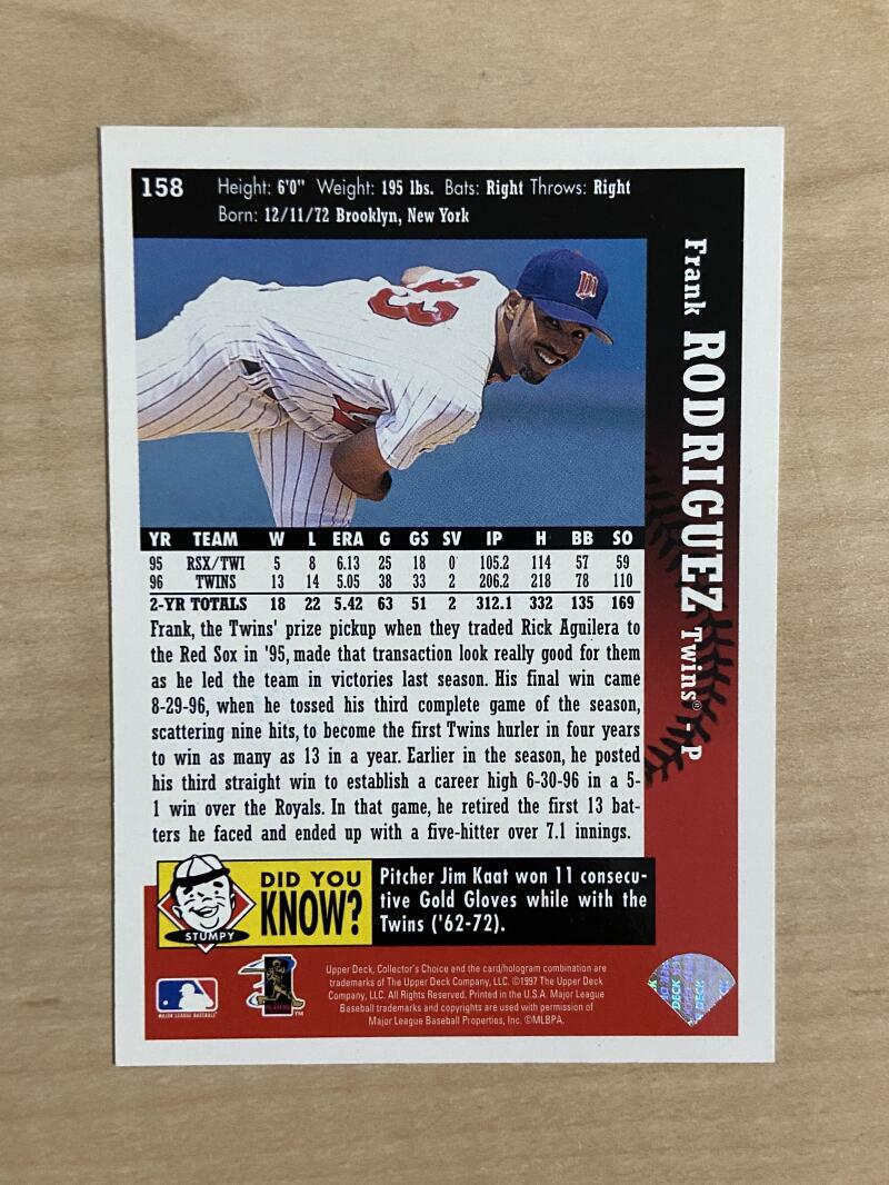 FRANK  RODRIGUEZ MINNESOTA TWINS SIGNED 1997 UPPER DECK CARD #158 W/COA