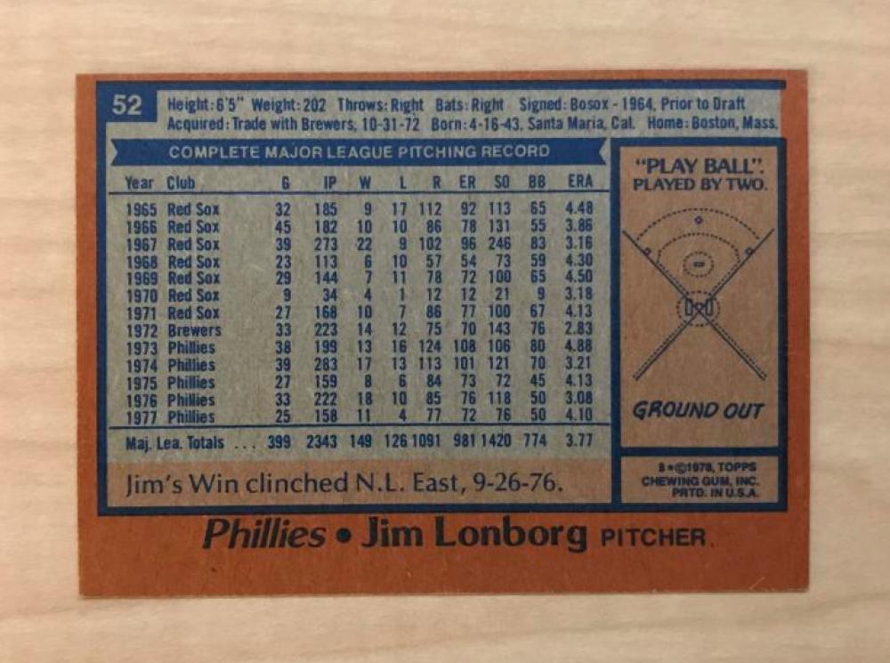 JIM LONBORG PHILADELPHIA PHILLIES SIGNED AUTOGRAPHED 1978 TOPPS CARD #52 W/COA