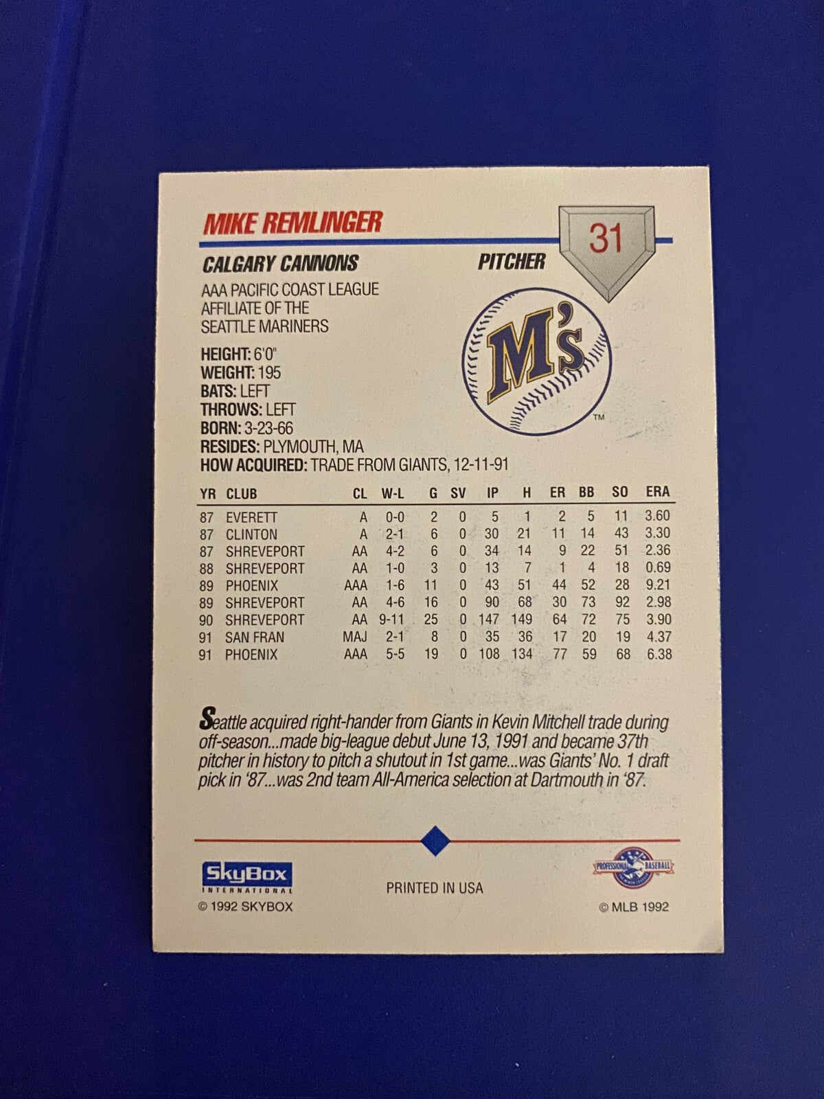 1992 SKYBOX PRE-ROOKIES MIKE REMLINGER SIGNED AUTOGRAPHED CARD #31 W/COA