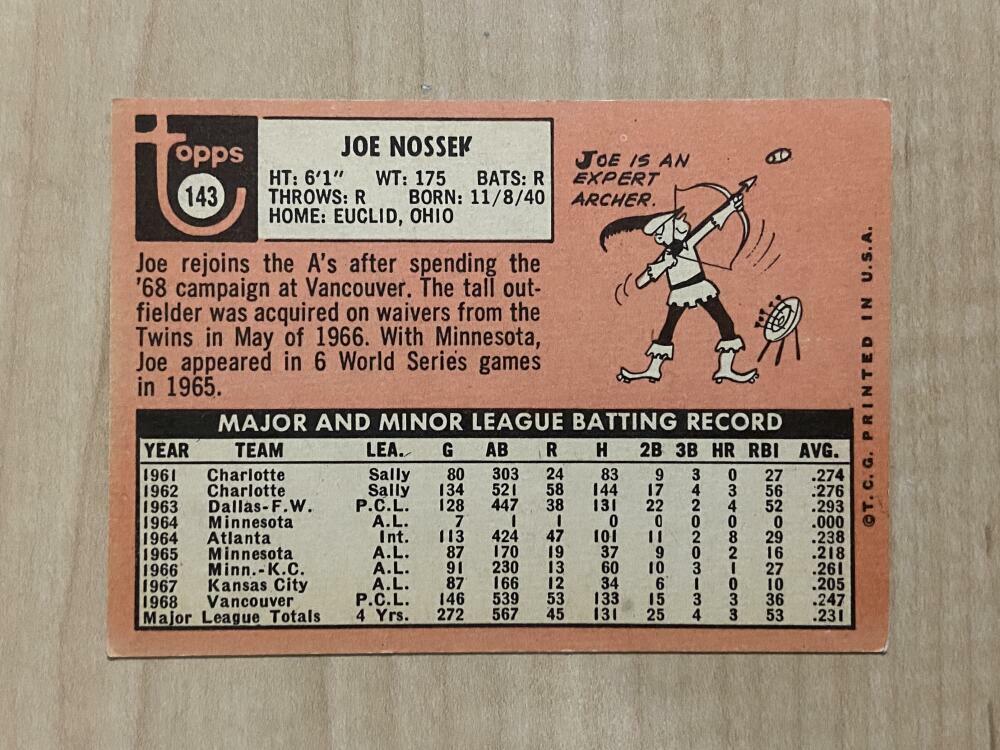 JOE NOSSEK OAKLAND ATHLETICS SIGNED AUTOGRAPHED 1969 TOPPS CARD #143 W/COA
