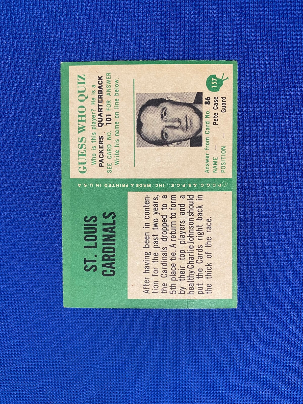 1966 PHILADELPHIA FOOTBALL ST. LOUIS CARDINALS FOOTBALL TEAM #157 CARD VINTAGE