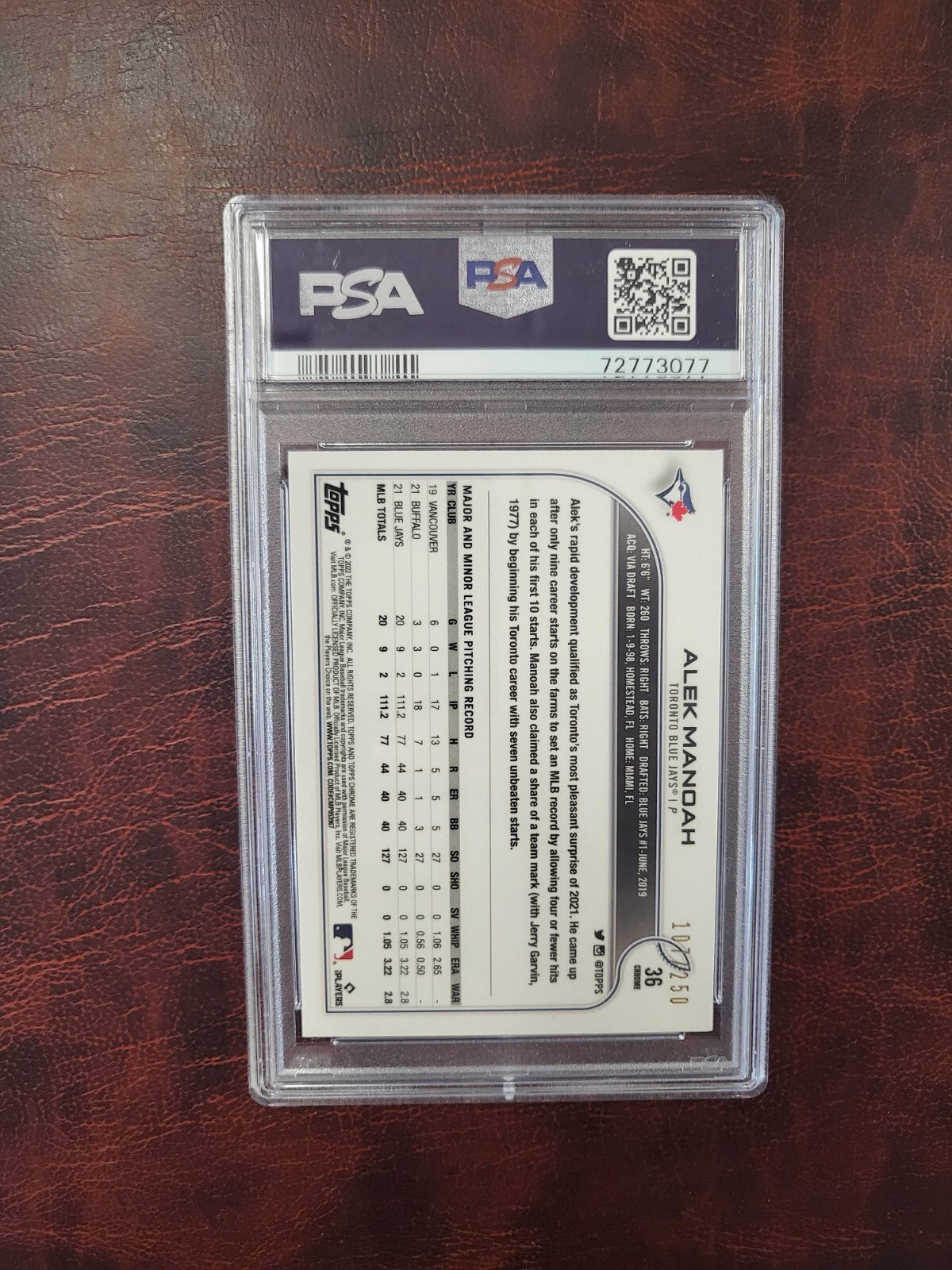 2022 TOPPS CHROME ALEX MANOAH BLUE JAYS PURPLE REFRACTOR CARD PSA 10 GEM MINT