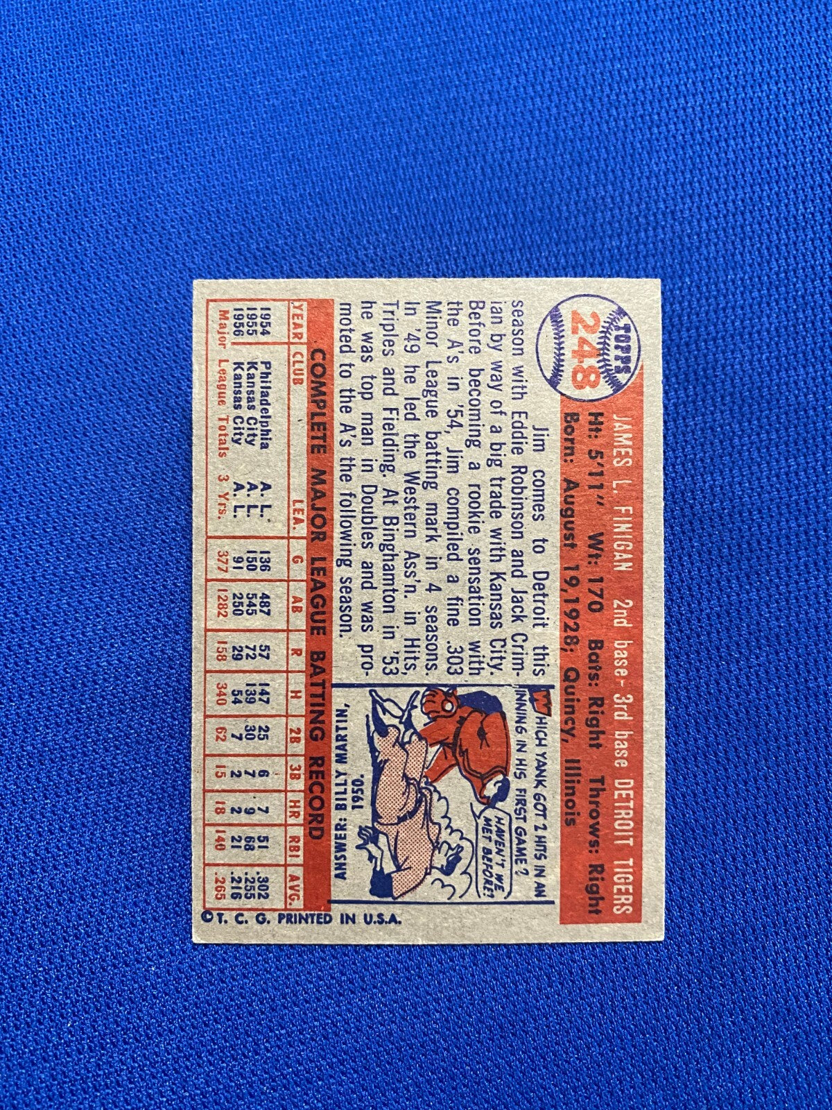 1957 TOPPS JIM FINIGAN DETROIT TIGERS #248 CARD VINTAGE SET-BREAK