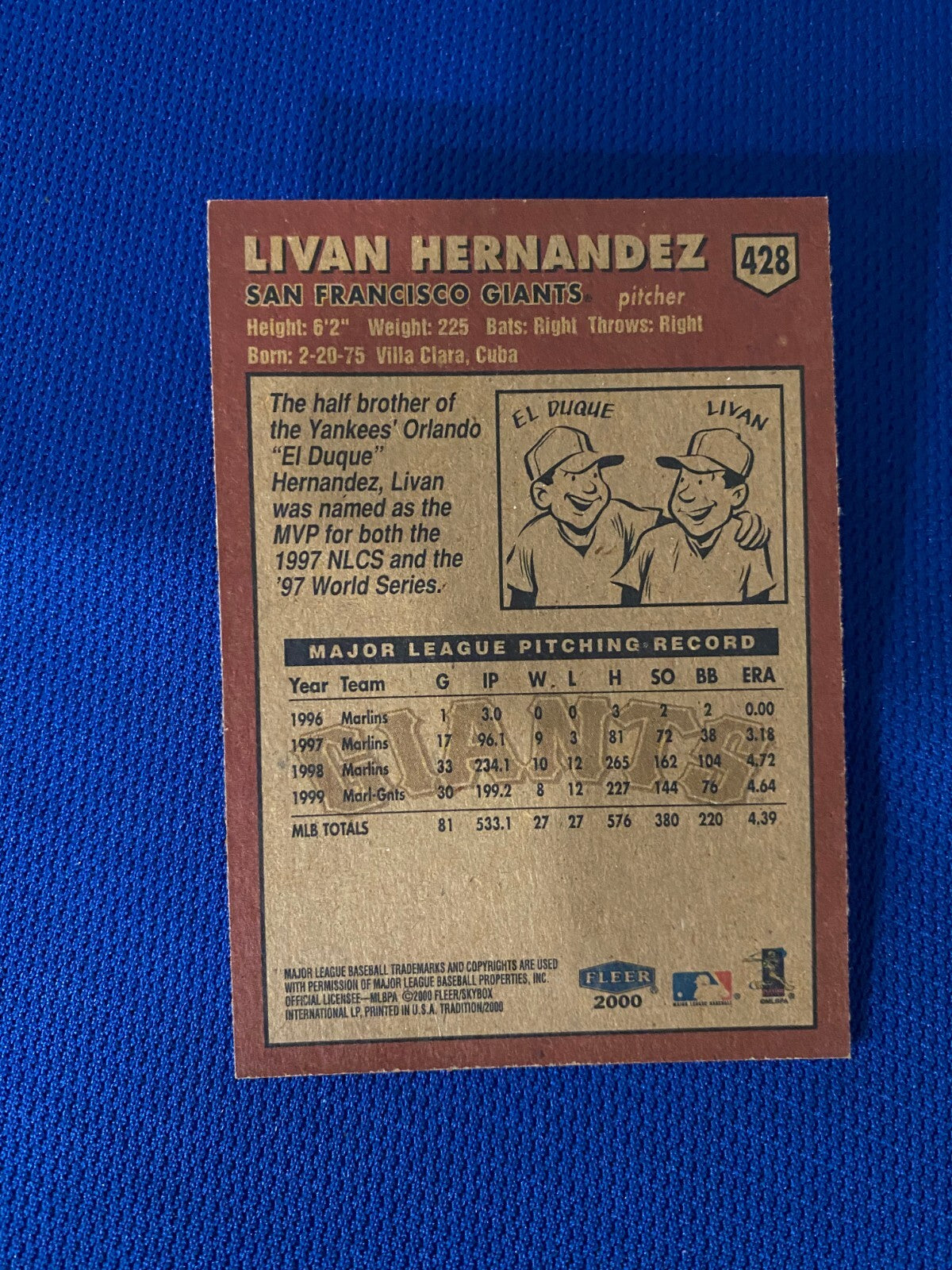 2000 FLEER TRADITION LIVAN HERNANDEZ SF GIANTS AUTOGRAPH SIGNED CARD #428 W/COA