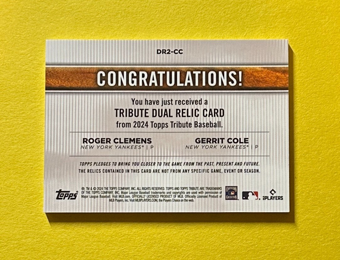 2024 TOPPS TRIBUTE ROGER CLEMENS GERRIT COLE DUAL RELIC /99 #DR2-CC YANKEES