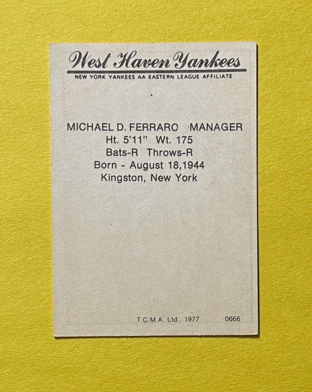 1977 TCMA MINOR LEAGUE MICHAEL D. FERRARO #0666 WEST HAVEN YANKEES