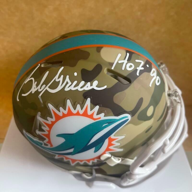 BOB GRIESE MIAMI DOLPHINS HOF 90 SIGNED RARE CAMO MINI HELMET WITNESSED