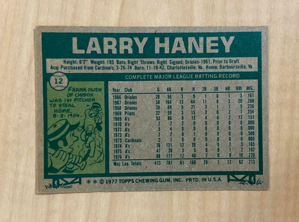 LARRY HANEY OAKLAND ATHLETICS SIGNED AUTOGRAPHED 1977 TOPPS CARD #12 W/COA