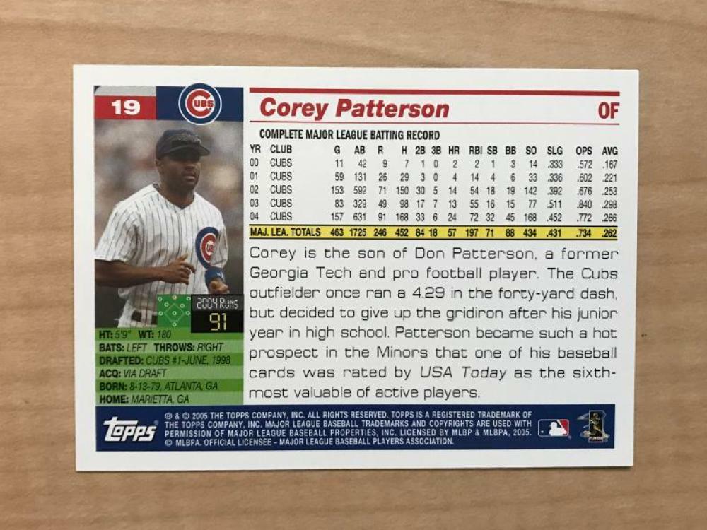 COREY PATTERSON CHICAGO CUBS SIGNED AUTOGRAPHED 2005 TOPPS CARD #19 W/COA