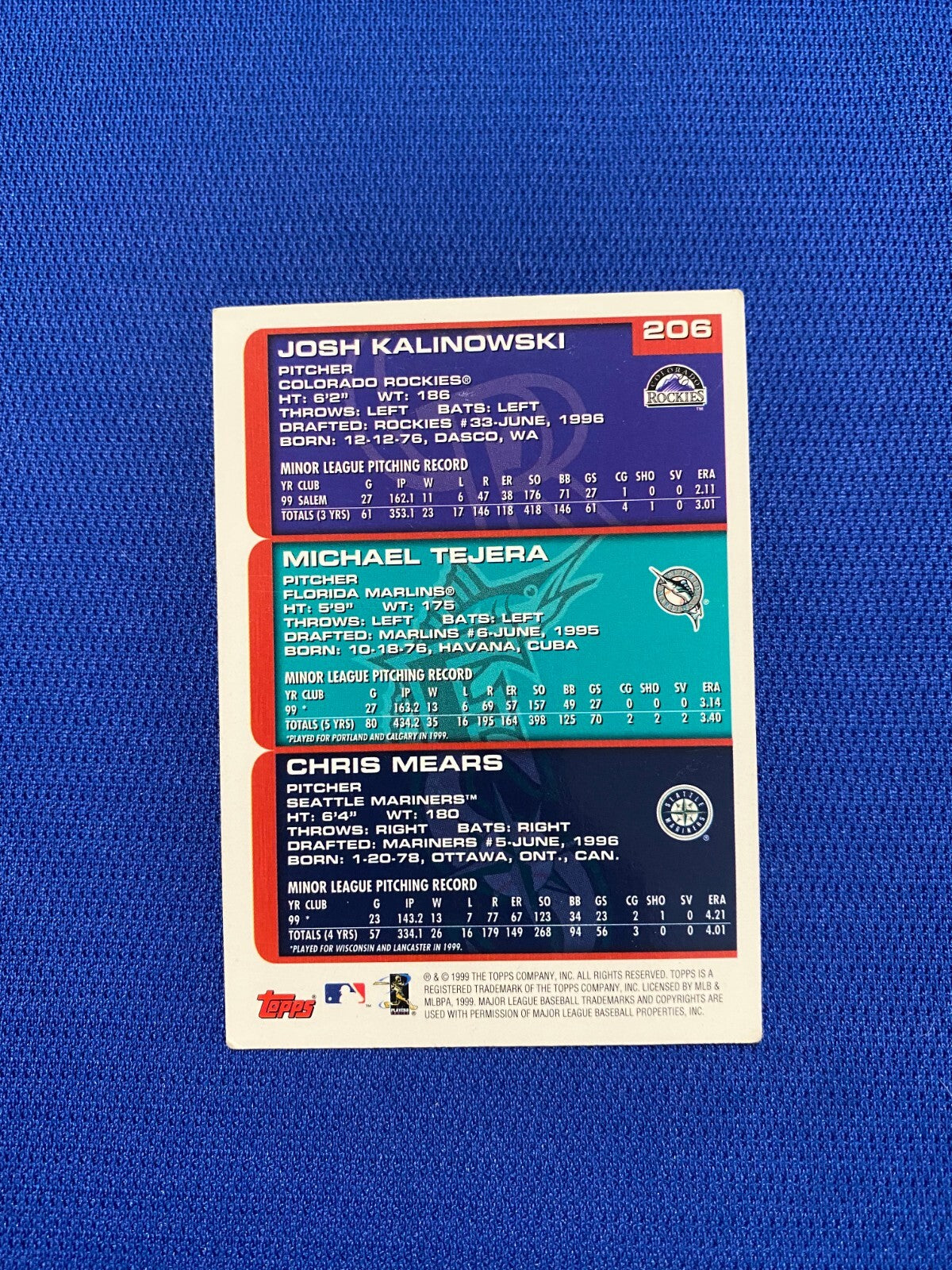 1999 TOPPS MICHAEL TEJERA FL MARLINS SIGNED AUTOGRAPHED AUTO CARD #206 W/COA