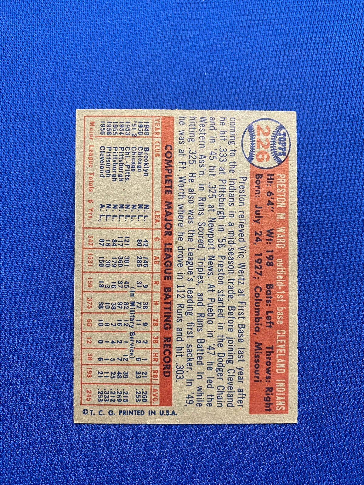 1957 TOPPS PRESTON WARD CLEVELAND INDIANS #226 CARD VINTAGE SET-BREAK