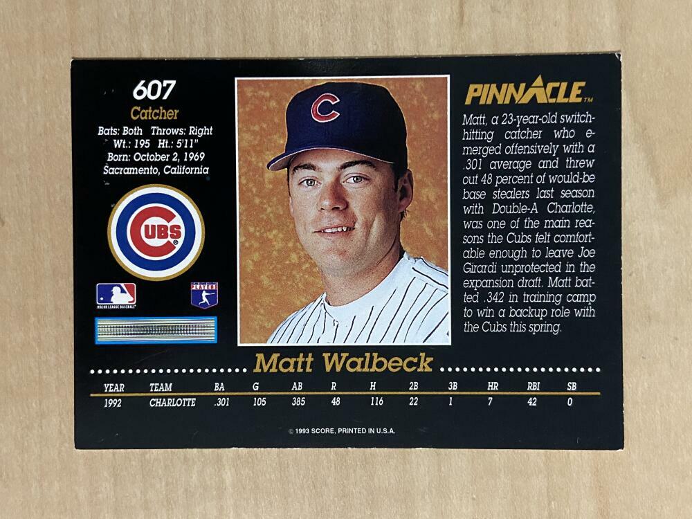 MATT WALBECK CHICAGO CUBS SIGNED AUTOGRAPHED 1993 PINNACLE CARD #607 W/COA