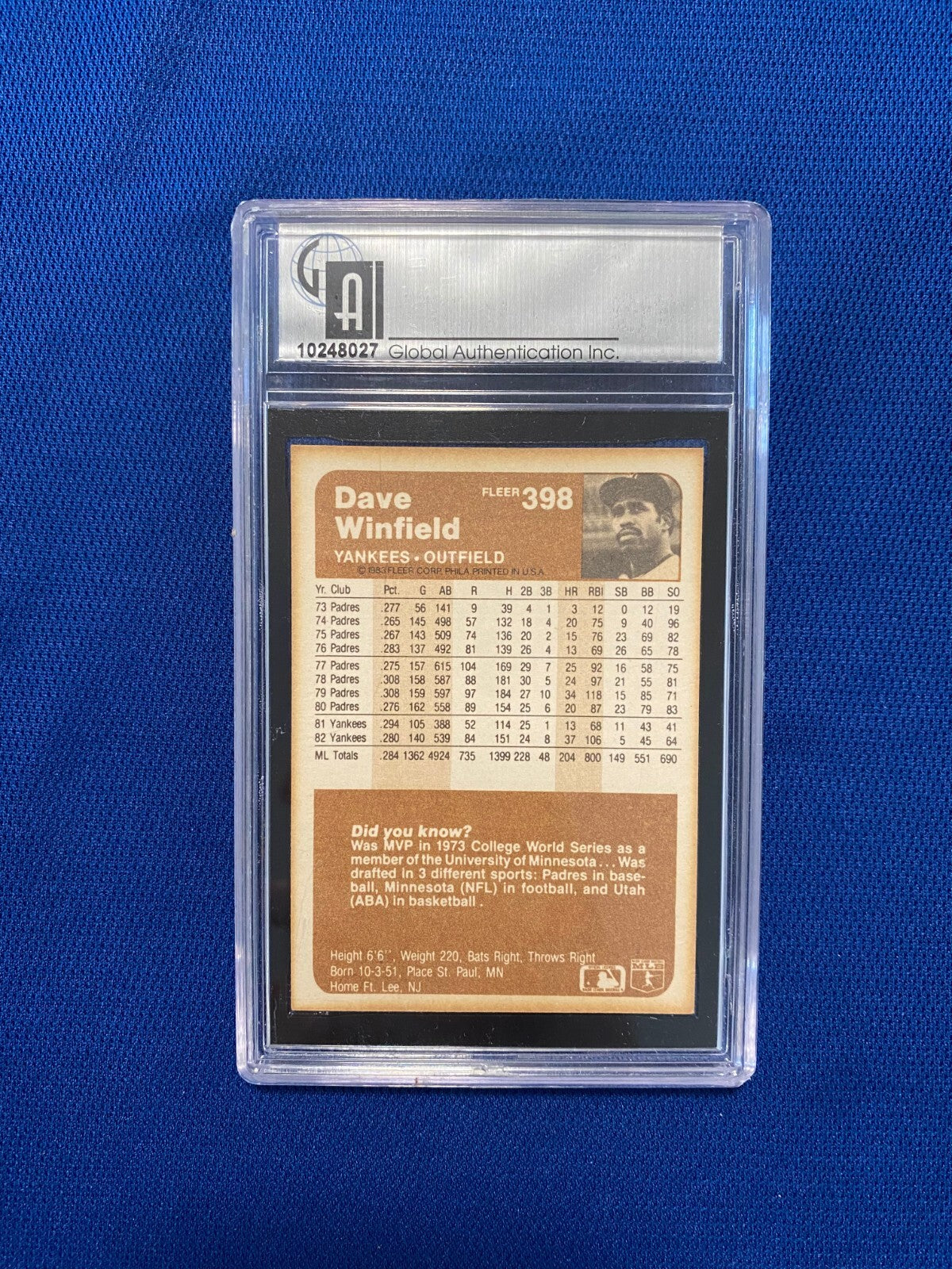 1983 FLEER DAVE WINFIELD NY YANKEES SIGNED AUTOGRAPHED CARD #398 GAI AUTHENTIC