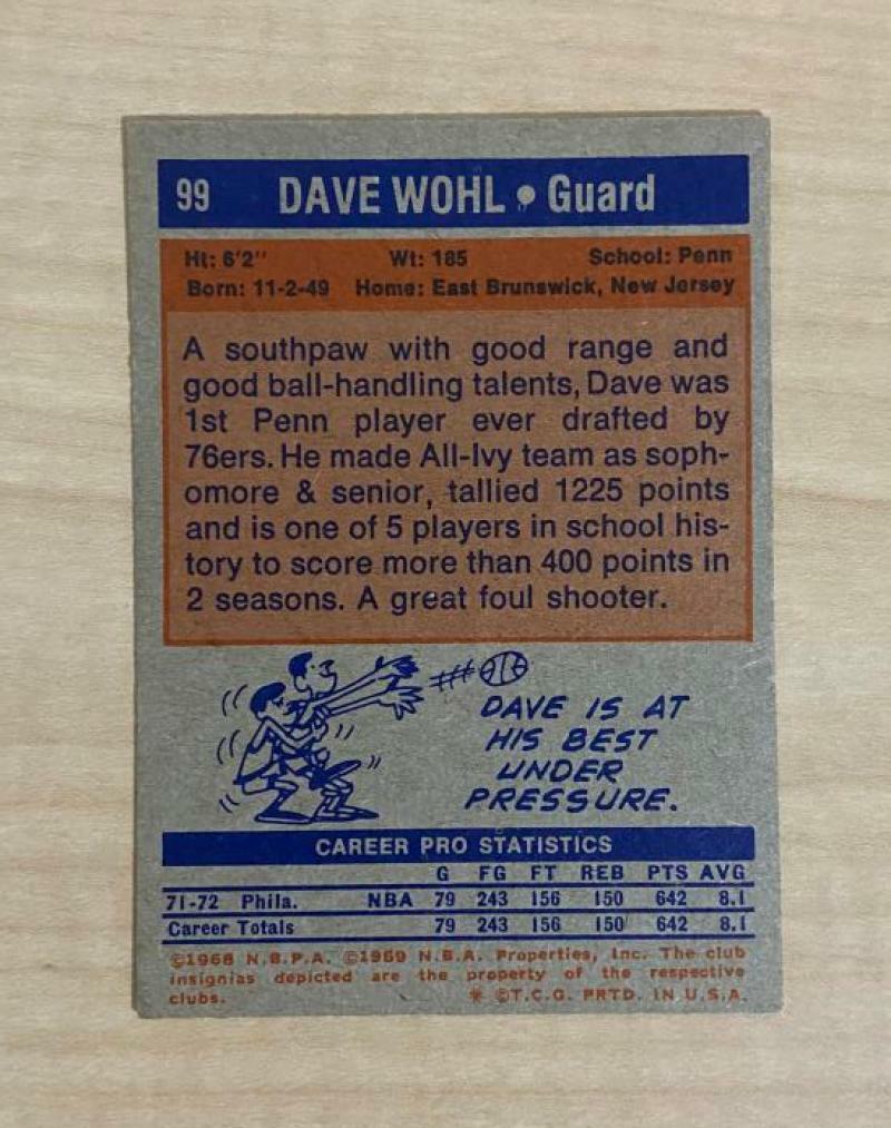 DAVID WOHL PHILADELPHIA 76ERS SIGNED AUTOGRAPHED 72-73 TOPPS CARD #99 W/COA 