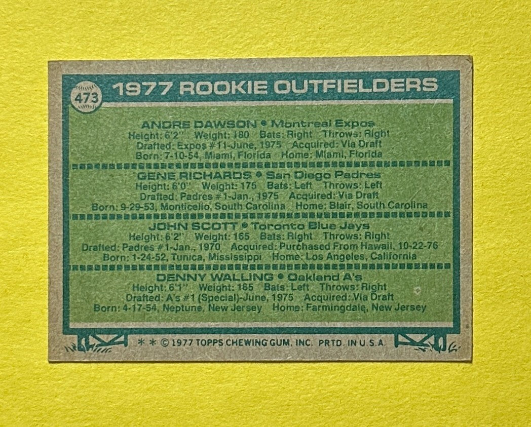 1977 TOPPS ROOKIE OUTFIELDERS DAWSON RICHARDS SCOTT WALLING #473