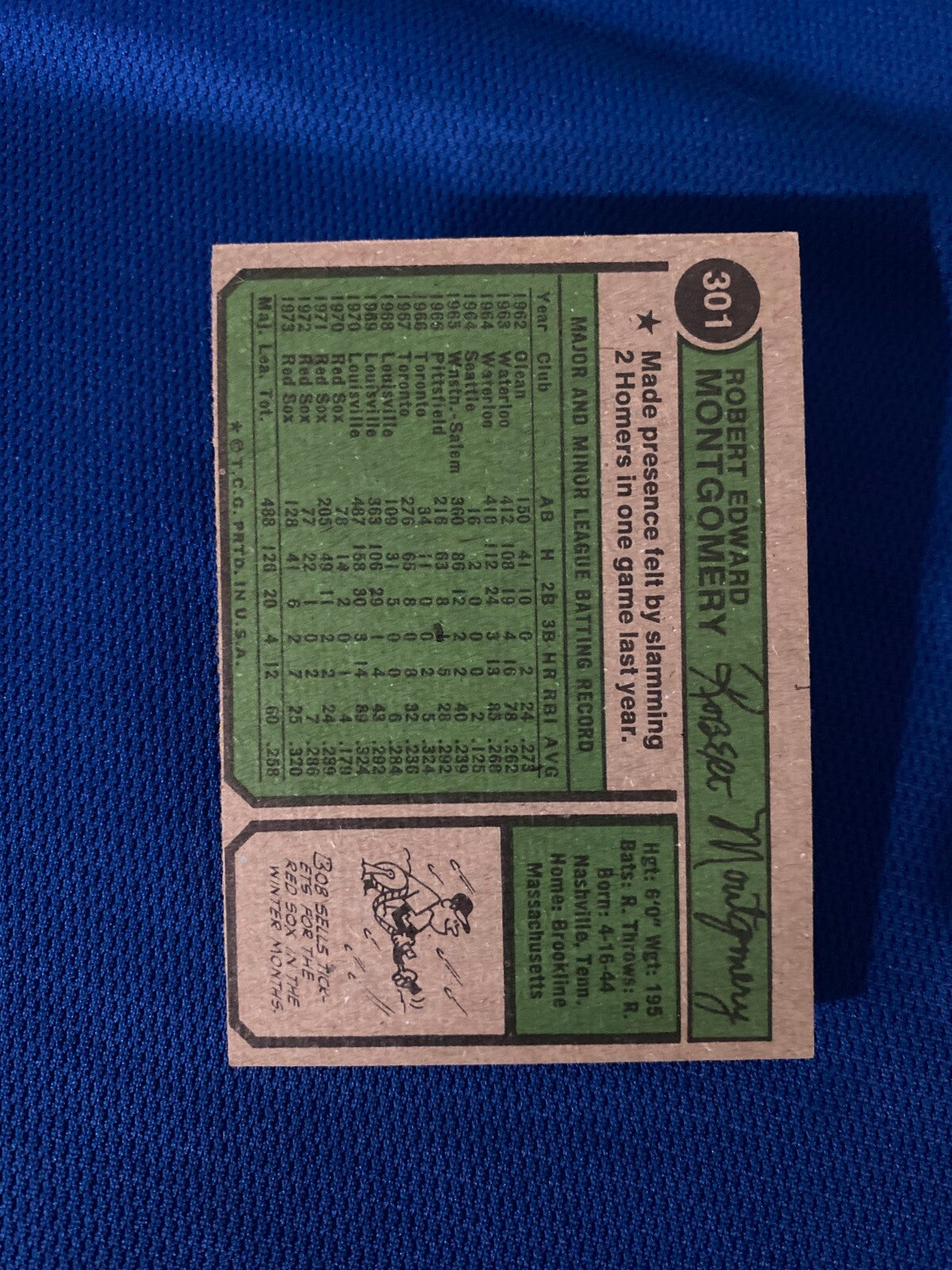 1974 TOPPS BOB MONTGOMERY BOSTON RED SOX AUTOGRAPHED SIGNED CARD #301 W/COA