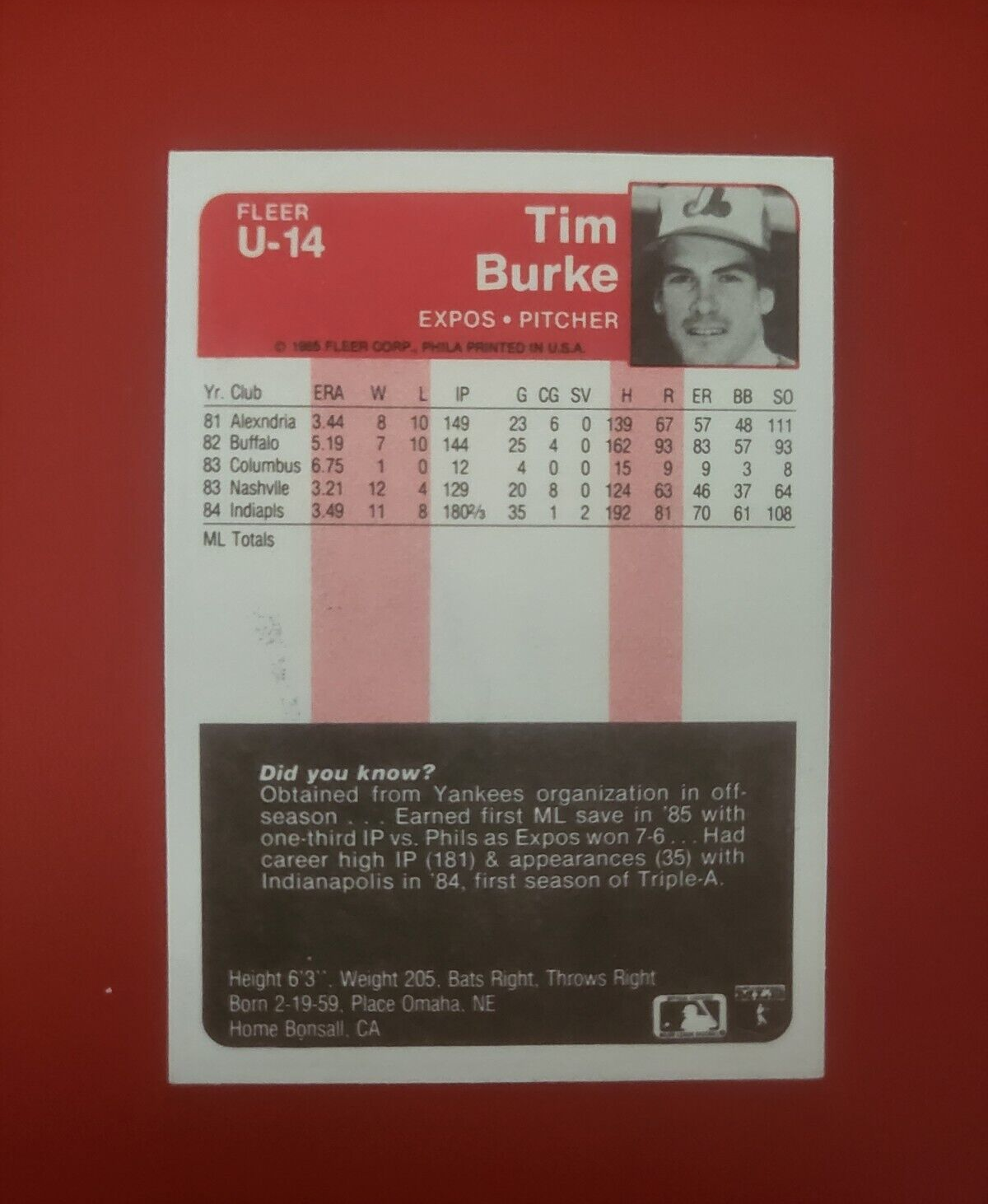 1985 FLEER TIM BURKE MONTREAL EXPOS SIGNED AUTOGRAPHED AUTO CARD #U-14