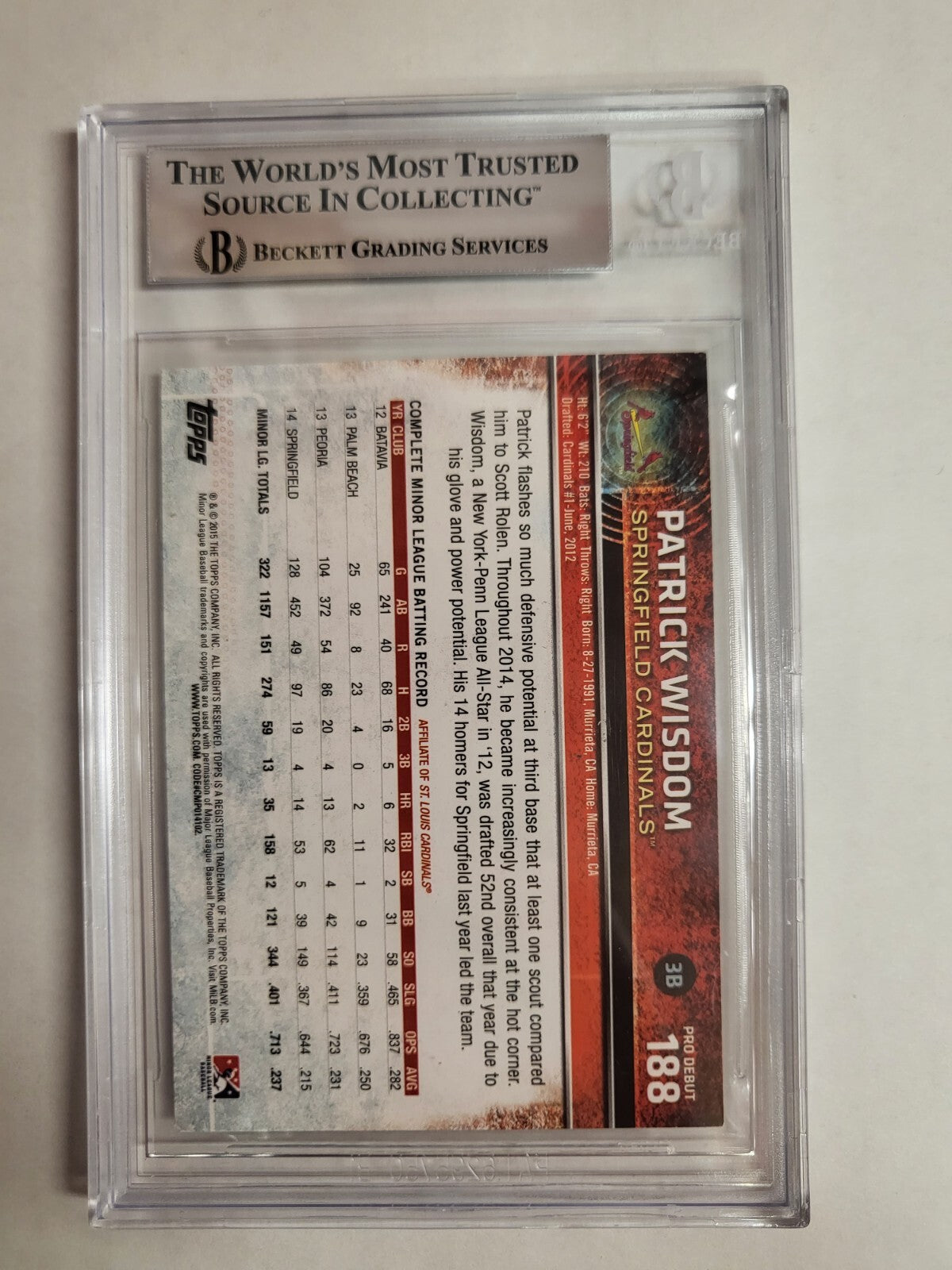 2015 TOPPS PRO DEBUT PATRICK WISDOM #188 CARDINALS AUTO SIGNED CARD BECKETT