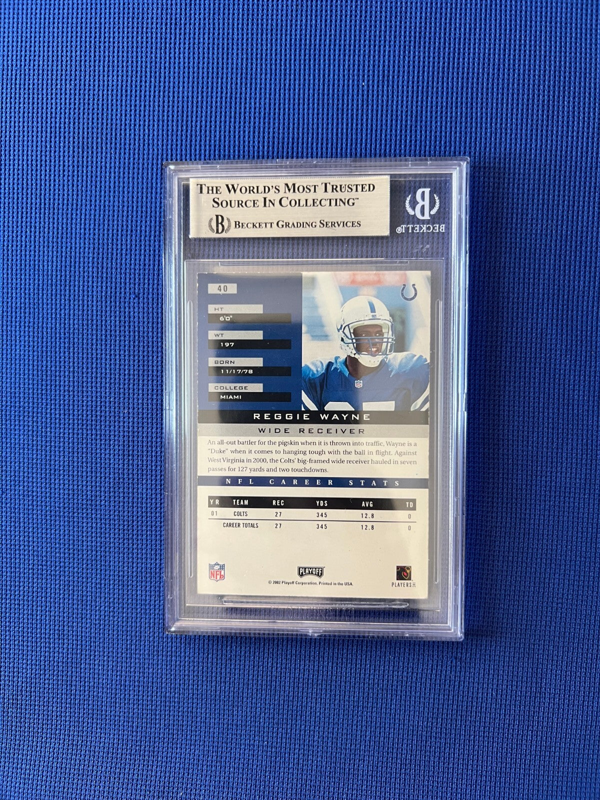 2002 PLAYOFF HONORS REGGIE WAYNE COLTS SIGNED AUTOGRAPHED CARD #40 BECKETT
