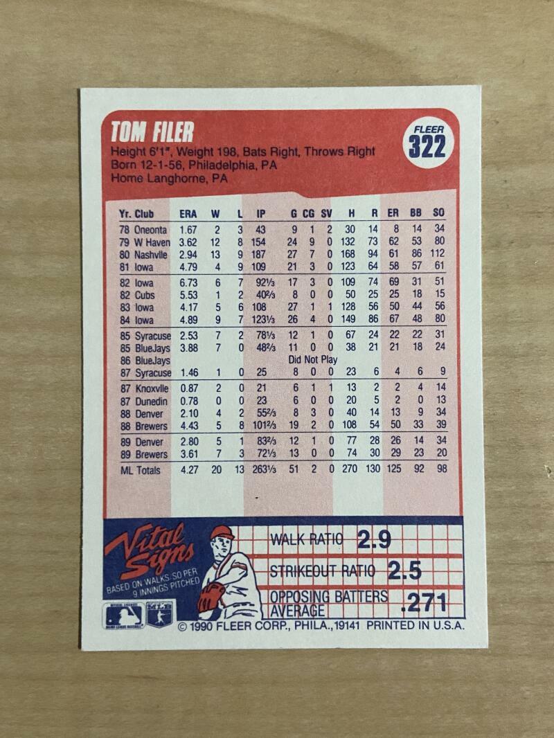 TOM FILER MILWAUKEE BREWERS SIGNED AUTOGRAPHED 1990 FLEER CARD #322 W/COA