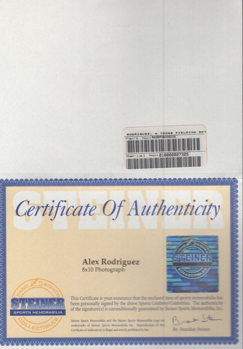 ALEX RODRIGUEZ TEXAS RANGERS SIGNED AUTOGRAPHED 8X10 STEINER CERTIFICATE