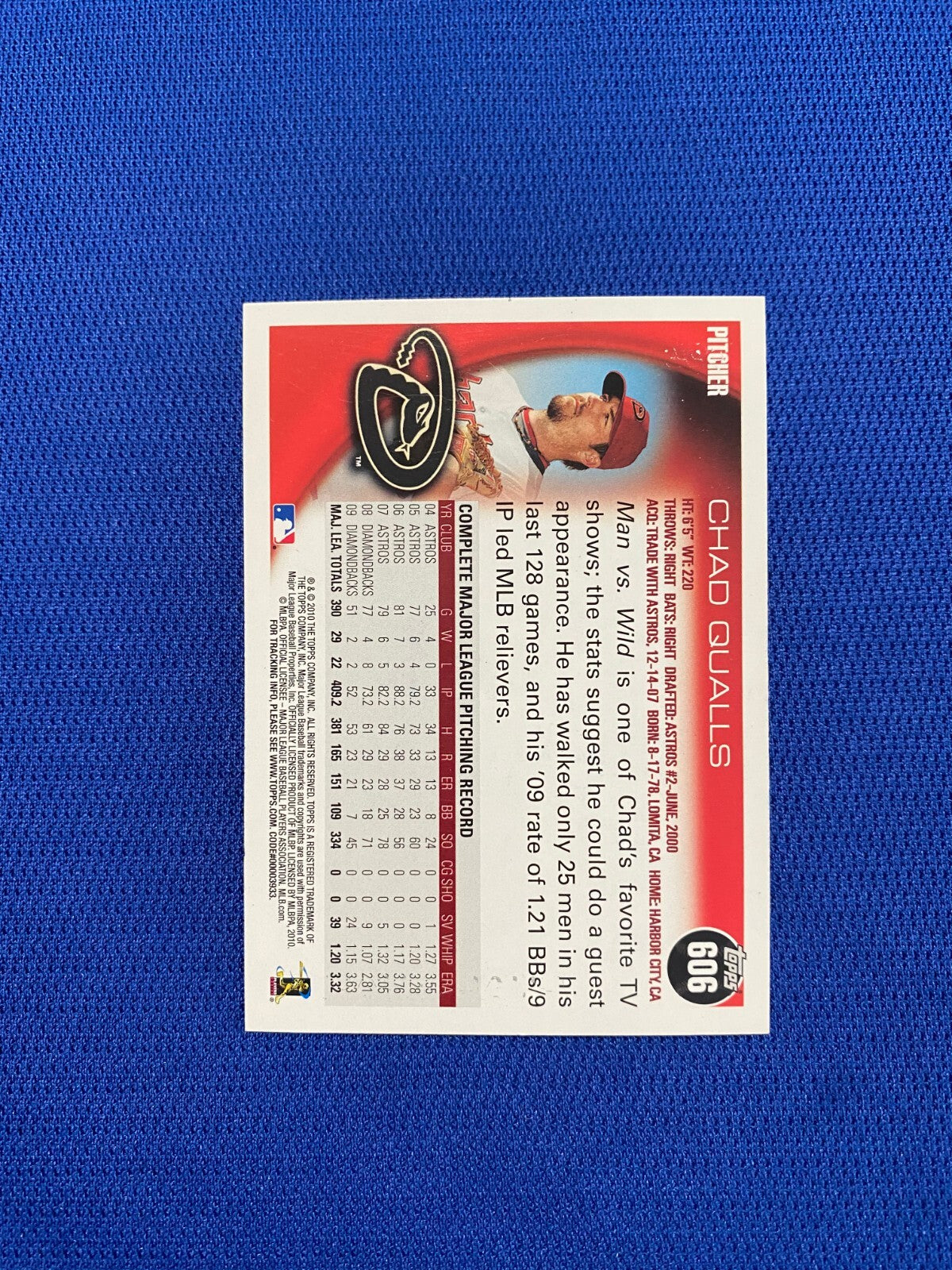 2010 TOPPS CHAD QUALLS ARIZONA DIAMONDBACKS SIGNED AUTO CARD #606 W/COA