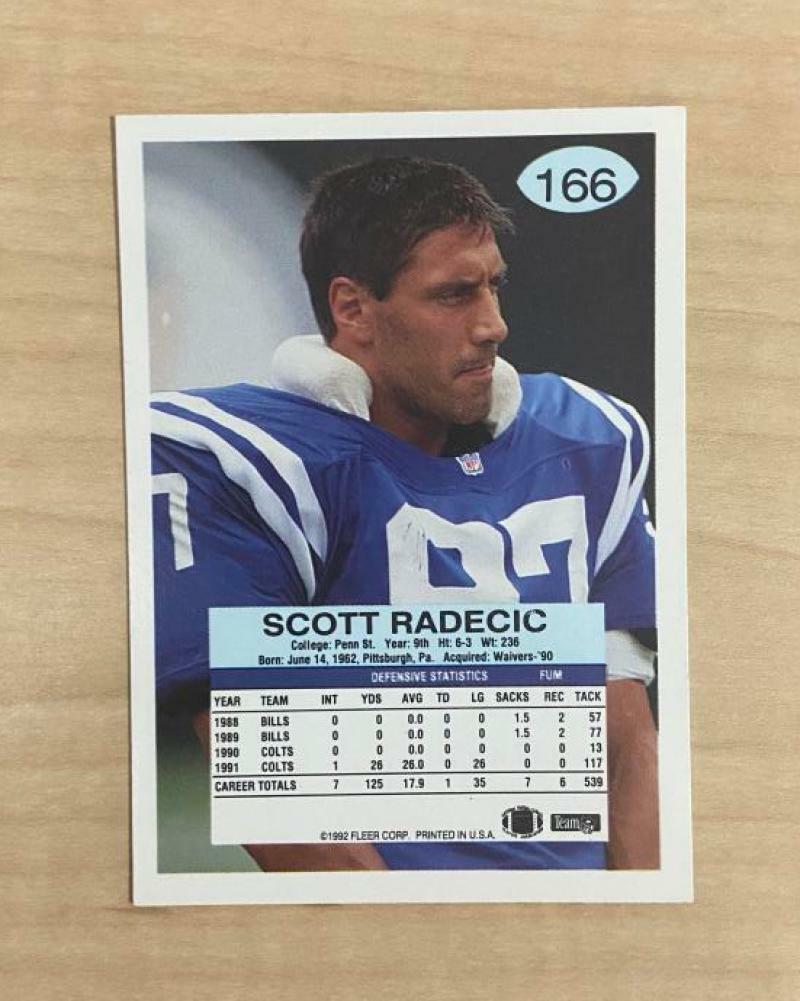 SCOTT RADECIC INDIANAPOLIS COLTS SIGNED AUTOGRAPHED 1992 FLEER CARD #166 W/COA