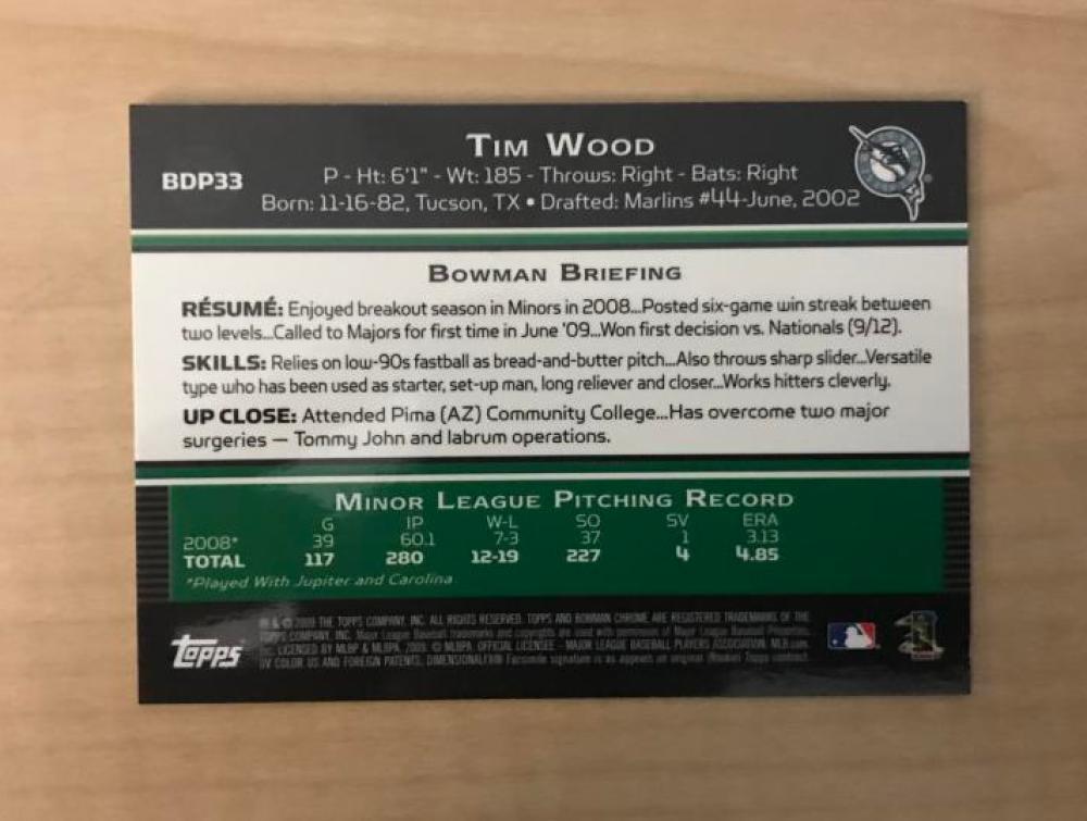 TIM WOOD FLORIDA MARLINS SIGNED AUTOGRAPHED 2009 BOWMAN CHROME CARD #BDP33 W/COA