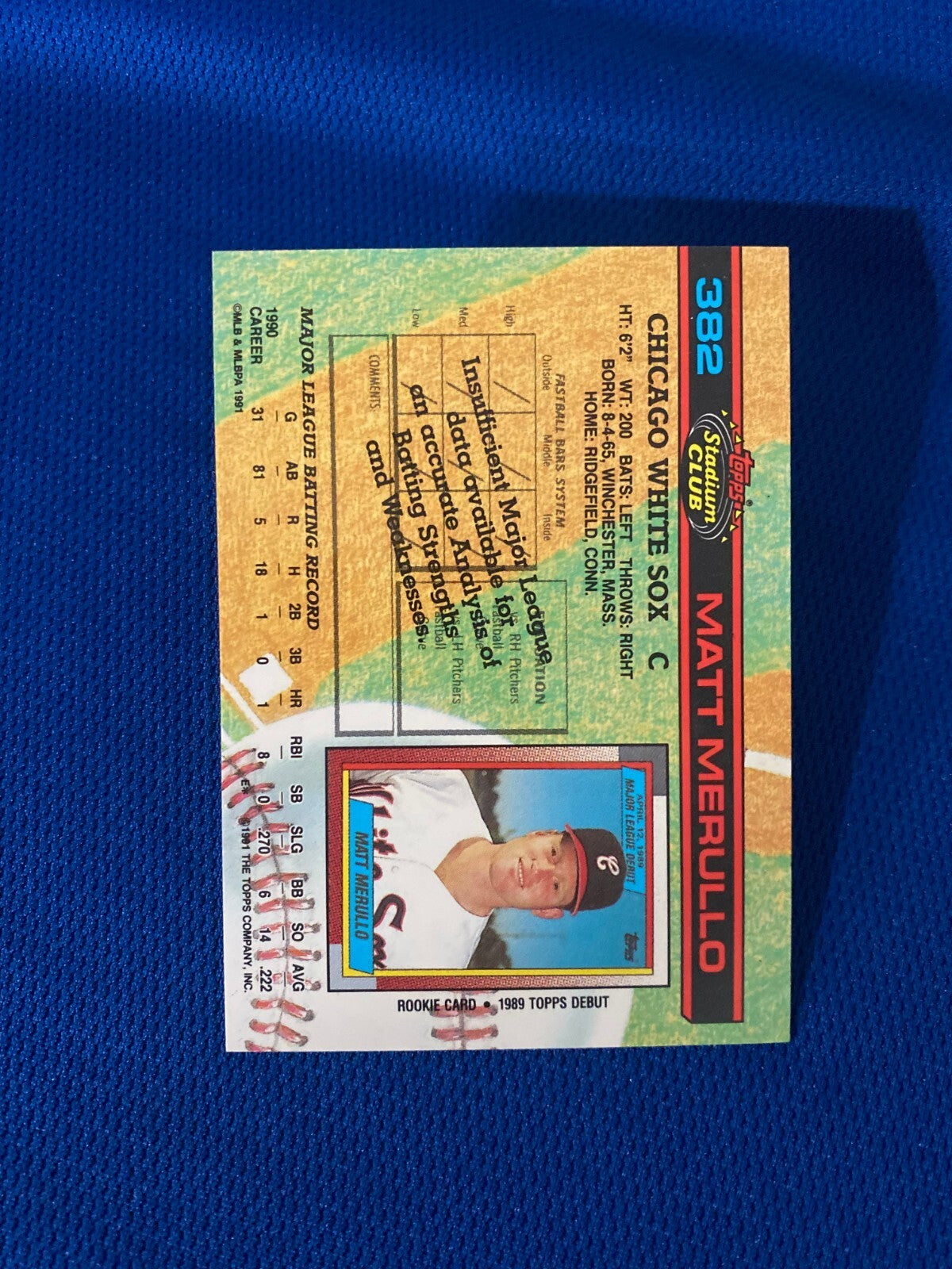 1991 STADIUM CLUB MATT MERULLO CHICAGO WHITE SOX AUTOGRAPH SIGNED CARD #382 COA