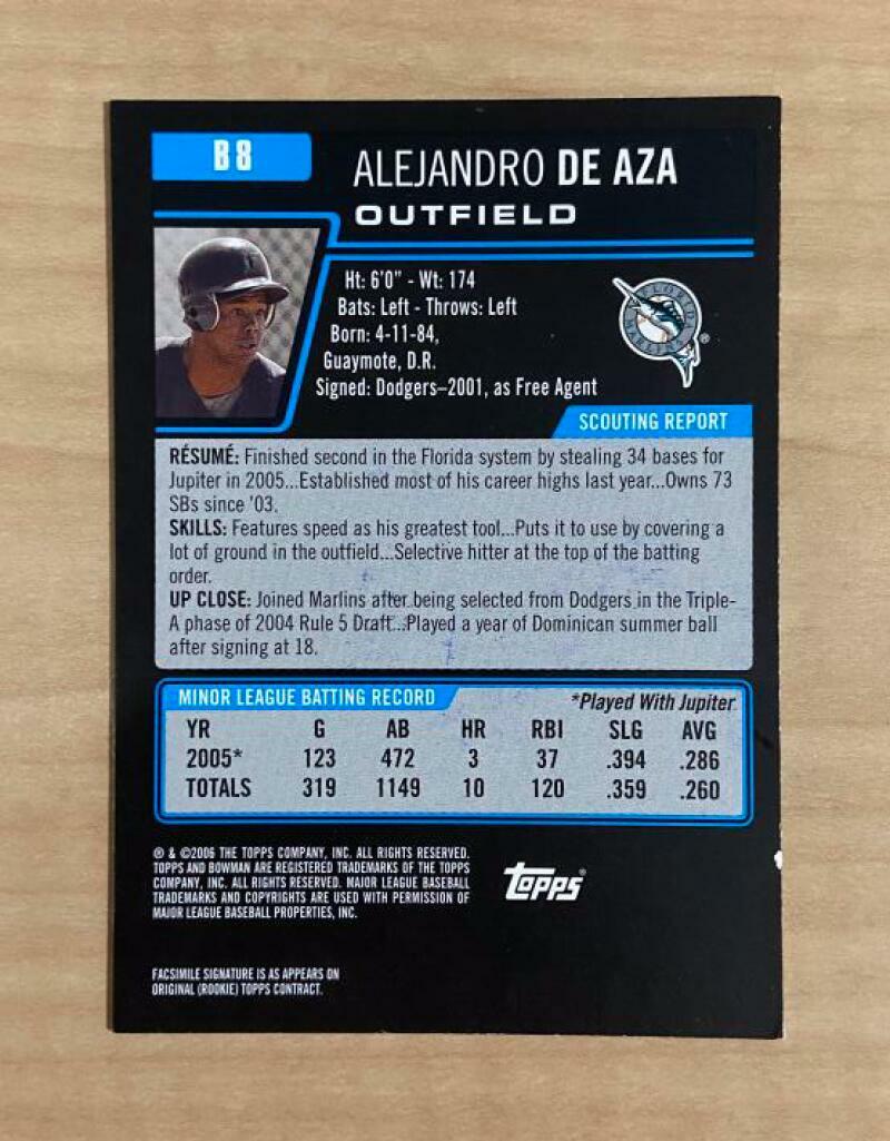 ALEJANDRO DE AZA FLORIDA MARLINS SIGNED AUTOGRAPHED 2006 BOWMAN CARD #B8 W/COA