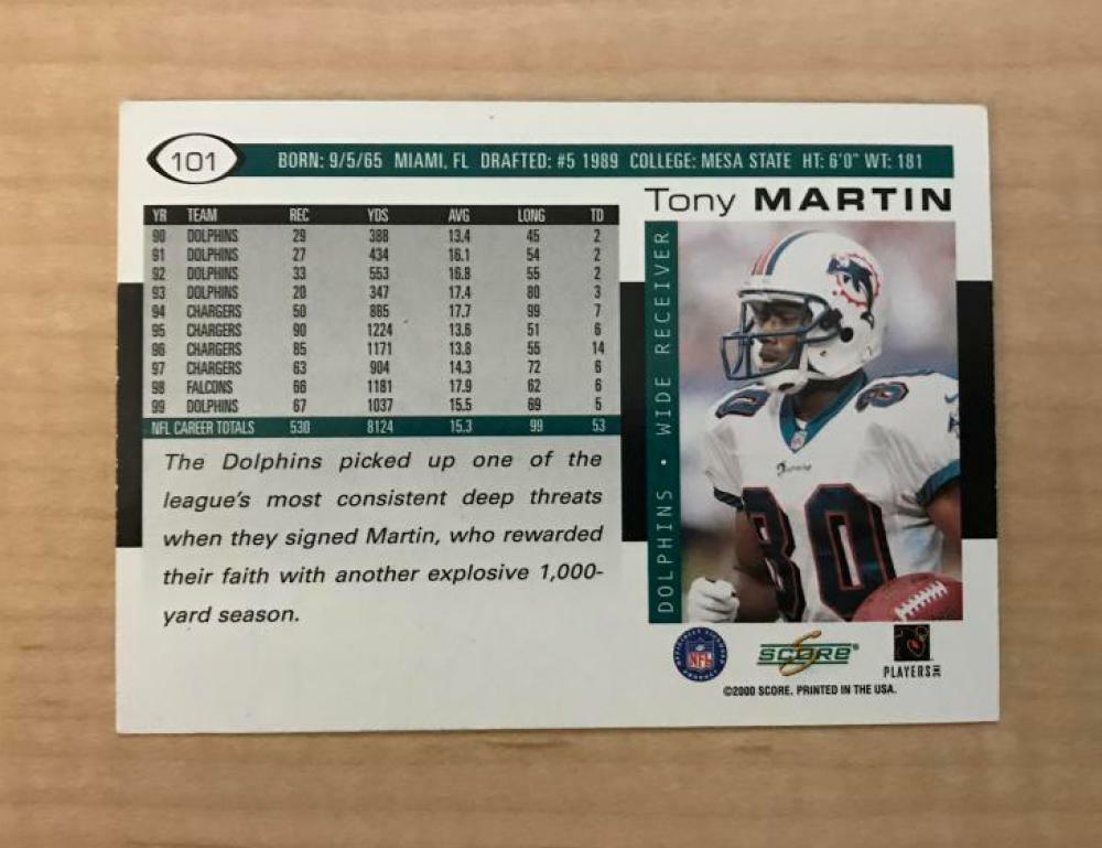 TONY MARTIN MIAMI DOLPHINS SIGNED AUTOGRAPHED 2000 SCORE CARD #101 W/COA