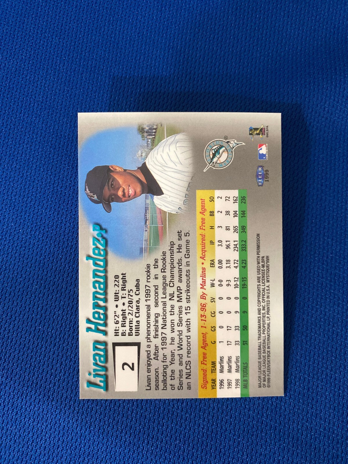 1999 FLEER MYSTIQUE LIVAN HERNANDEZ FL MARLINS AUTOGRAPH SIGNED CARD #2 W/COA