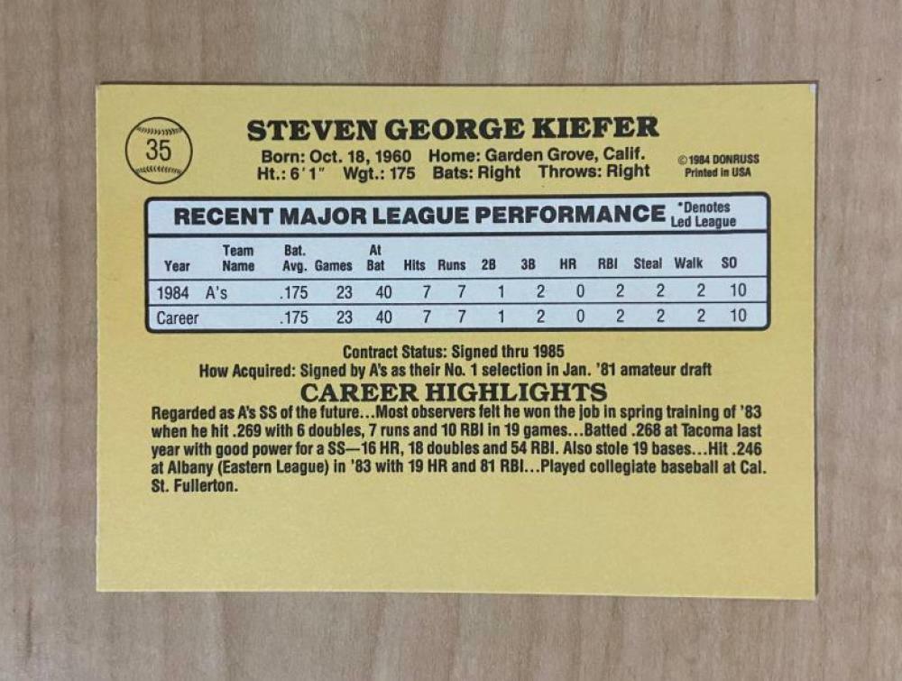 STEVE KIEFER OAKLAND ATHLETICS SIGNED AUTOGRAPHED 1985 DONRUSS CARD #35 W/COA 