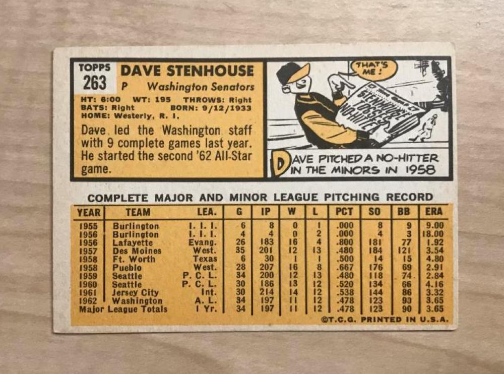 DAVE STENHOUSE WASHINGTON SENATORS SIGNED AUTOGRAPHED 1963 TOPPS CARD #263 W/COA
